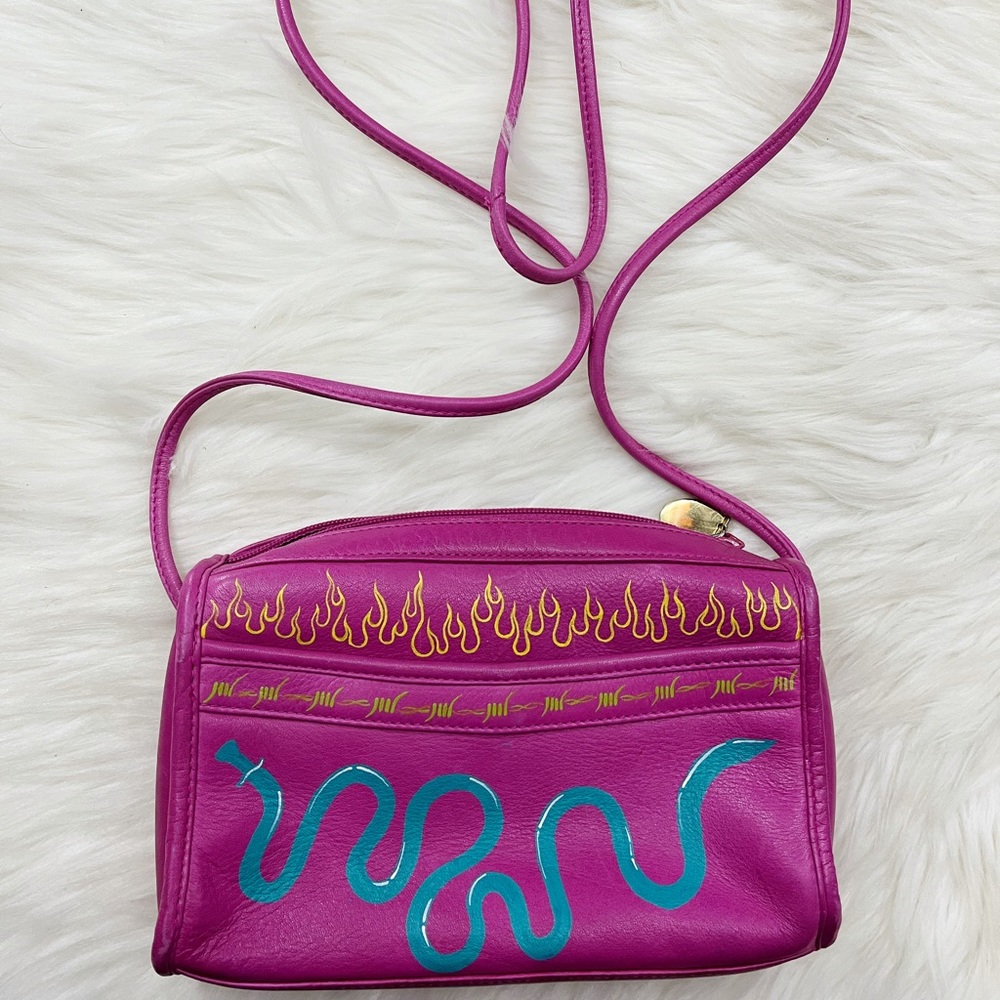 Hand Painted Vintage Pink Leather Bag Flames Wiggly Sword Barbed Wire Pop Art - Picture 2 of 4